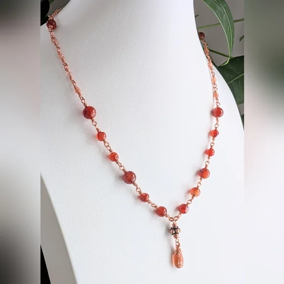 Elegant Carnelian Agate Necklace Artisan Crafted Copper Chain - Picture 11 of 15